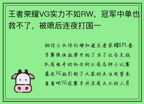 王者荣耀VG实力不如RW，冠军中单也救不了，被喷后连夜打国一