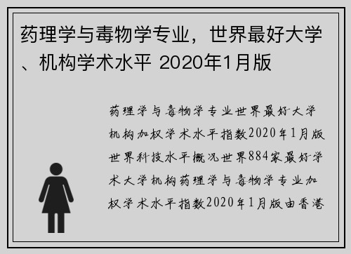 药理学与毒物学专业，世界最好大学、机构学术水平 2020年1月版