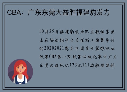 CBA：广东东莞大益胜福建豹发力