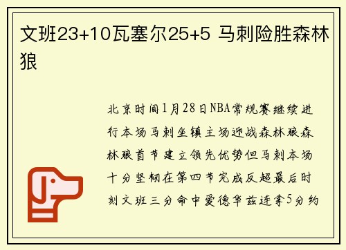 文班23+10瓦塞尔25+5 马刺险胜森林狼